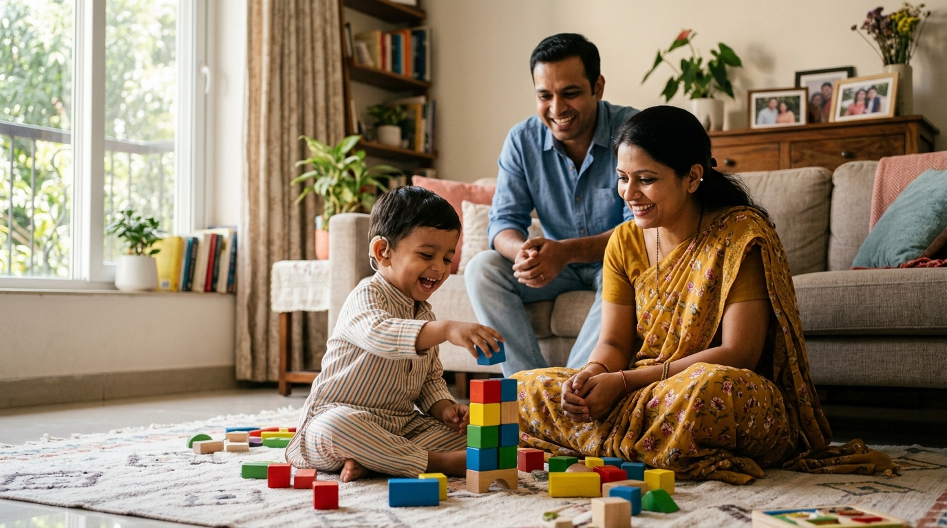 Toddler wearing a hearing aid playing happily with colourful blocks at home, with smiling parents watching—an example of strong outcomes after early-detected hearing loss