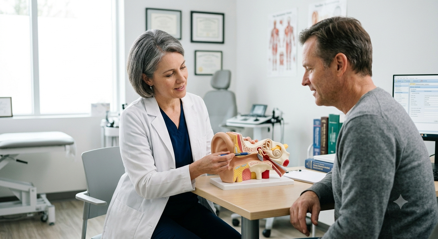 ENT specialist explaining ear anatomy and tinnitus to a patient using an ear model