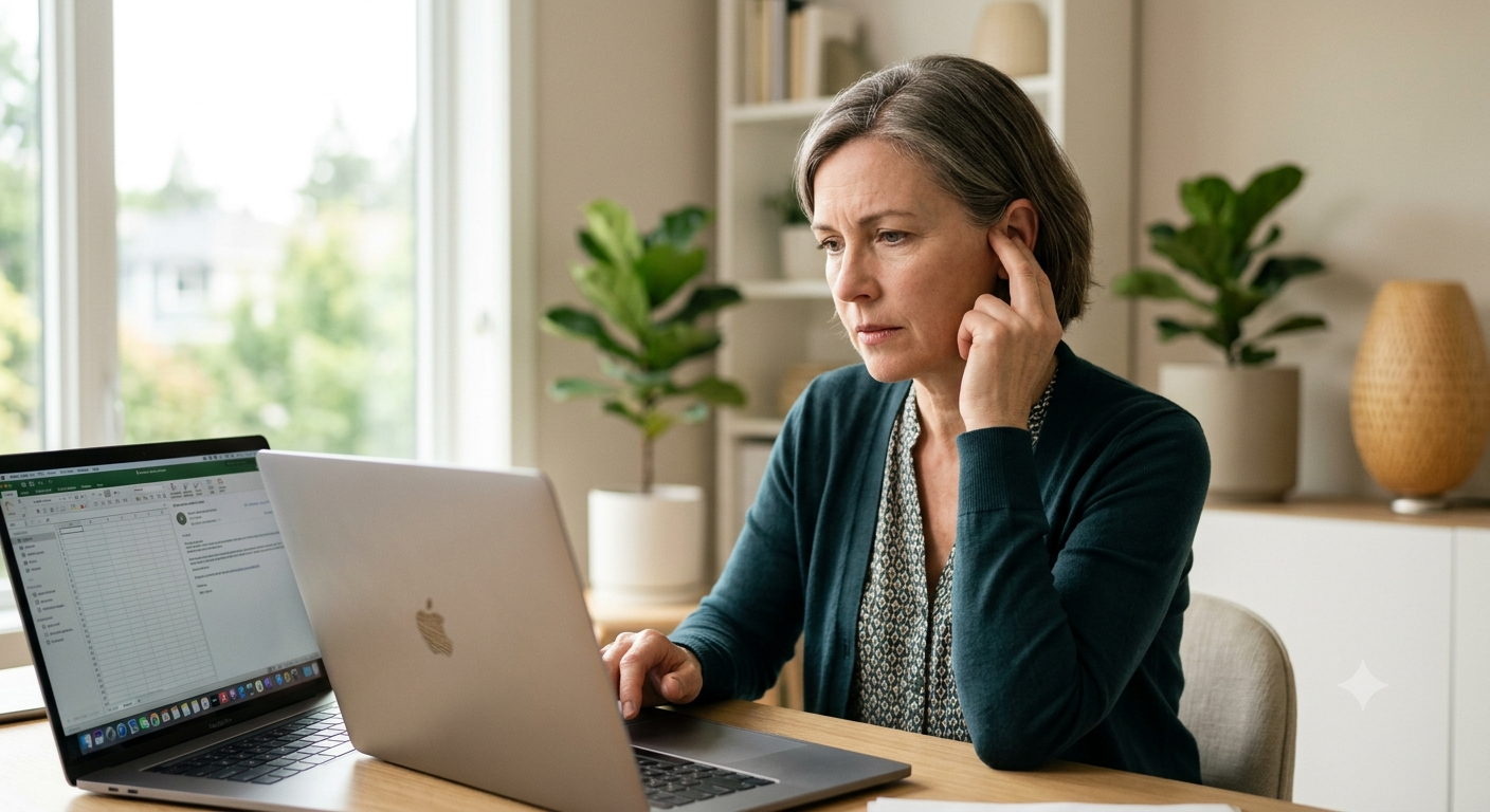 Person distracted by ringing in the ears while working at a computer