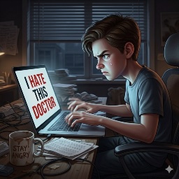 Illustration of a frustrated person at a laptop, representing strong negative reactions posted online.