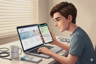 Illustration of a satisfied patient engaging positively with Dr Joel's Clinic online and on a smartphone.